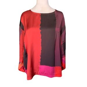 Alembika Small Vibrant Multicolor Oversized Silky Satin Lagenlook Blouse Top